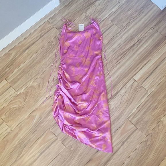 Bogdar Queeny Ruched Silk Stretch Satin Midi Slip Dress in Pink Floral - Picture 10 of 13